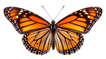 Monarch Butterfly: A detailed image of a Monarch butterfly with its distinctive orange and black wings fully spread, showcasing its elegant pattern and structure, isolated on white background