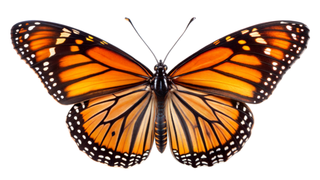 Monarch Butterfly: A detailed image of a Monarch butterfly with its distinctive orange and black wings fully spread, showcasing its elegant pattern and structure, isolated on white background