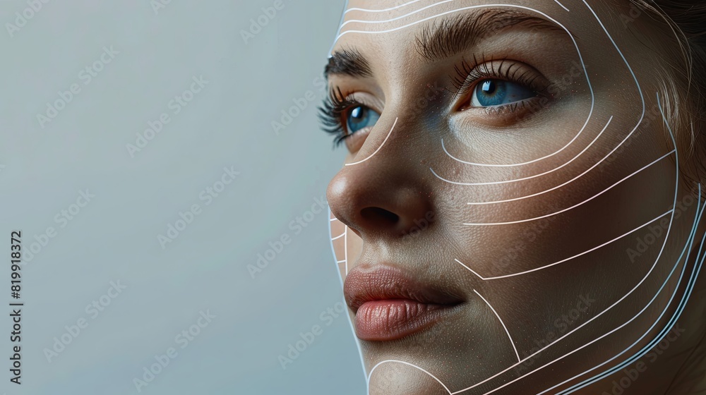 Poster close-up of a womans face with graphic contouring lines highlighting potential cosmetic enhancement 