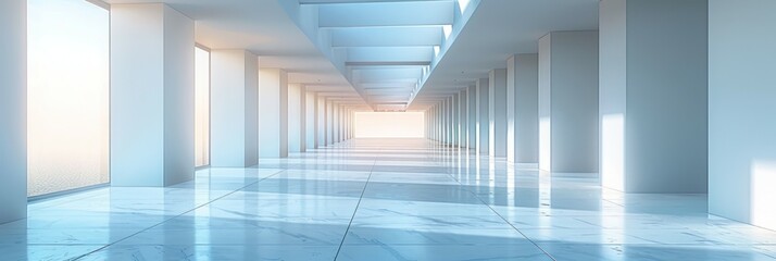 Fototapeta premium A long hallway with white walls and a skylight letting in natural light
