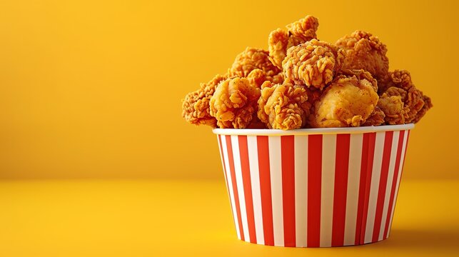 A bucket of fried chicken on yellow background with copy space