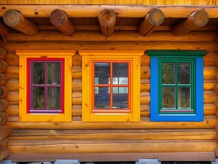 Three windows with colorful frames on a wooden building