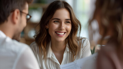 Obraz premium A female mortgage and insurance broker consults with a couple