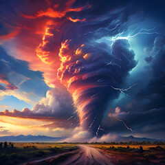 As a powerful tornado rips through the landscape, it leaves behind a trail of vibrant and colorful clouds, each one a unique and stunning masterpiece.