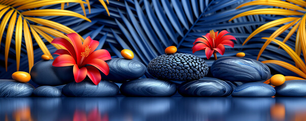 A blue and yellow background with a red flower and two rocks - Powered by Adobe