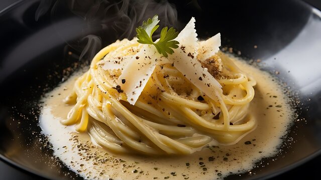 A delectable, close-up food photograph of Cacio e Pepe, a classic Italian pasta dish