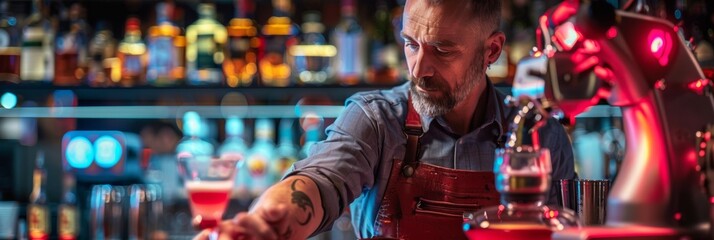 Middle-Aged White Male Bartender Engaging with Futuristic Cocktail Robot in a Modern Bar During Early Evening