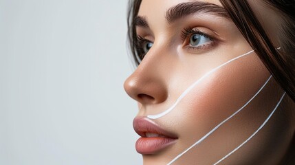 A womans face with graphic contouring lines accentuating potential cosmetic enhancement areas like the nose. Generative AI
