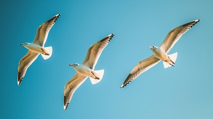 Obraz premium Three graceful seagulls are soaring through the clear blue sky. Their wings are spread wide, catching the wind.