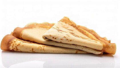 Homemade thin crepe or crepes, tasty food. Staple of yeast pancakes, traditional for Russian blini pancake. Thin pancake with crispy crust isolated on white background
