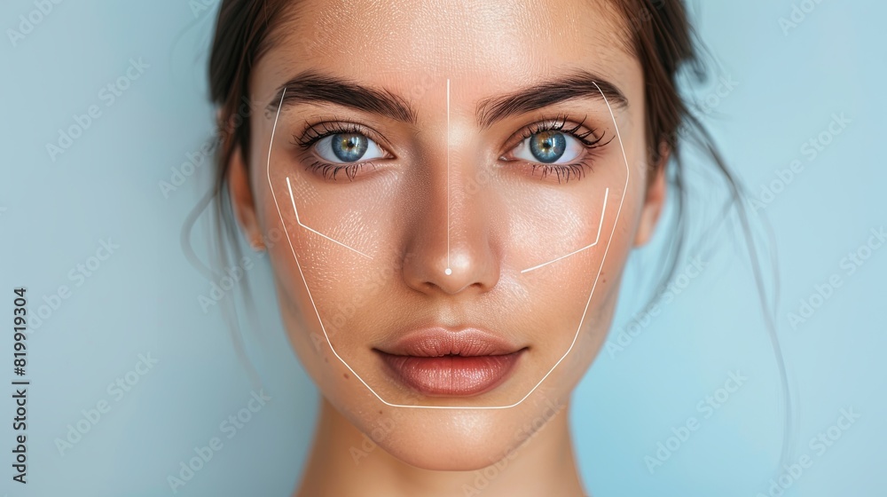 Aufkleber close-up of a womans face with graphic contouring lines emphasizing potential cosmetic enhancement a