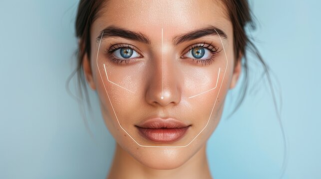 Close-up of a womans face with graphic contouring lines emphasizing potential cosmetic enhancement areas for procedures like makeup application or plastic surgery. Generative AI