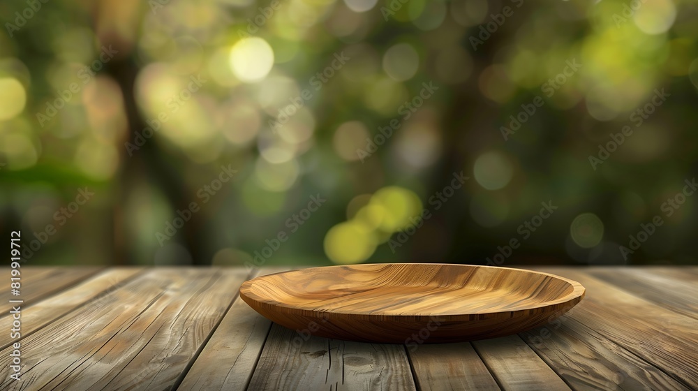 Poster empty wooden plate on wood table soft blurry background of free space for your copy and branding use