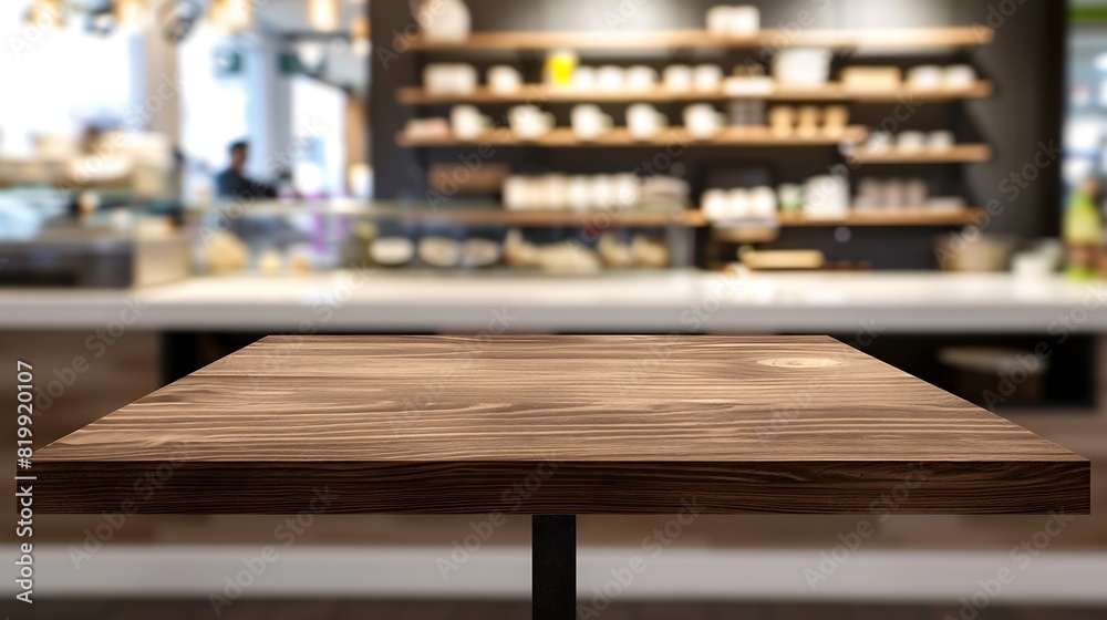 Aufkleber white table presentation desk and blur background empty wood counter shelf surface over blur restaur