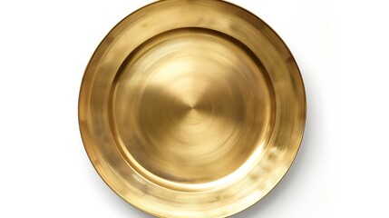 Top view of golden plate isolated on white background with clipping path Empty gold round flat...