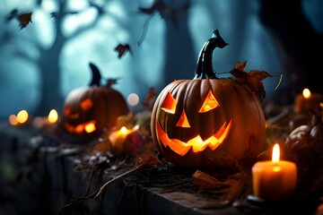 amazing Halloween-themed Background of pumpkins Jack-Lantern with flickering candles in a Halloween pumpkin head

