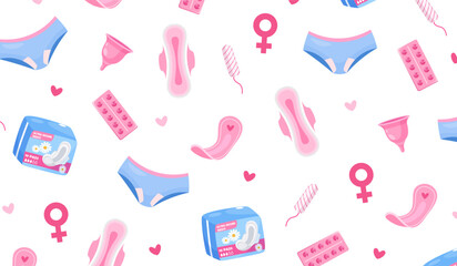 Vector flat background with menstruation period symbols includes different hygeine pads, tampons, menstrual cup, pills, underwear and decorative hearts.
