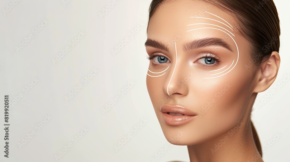 Poster a womans face with graphic contouring lines highlighting potential cosmetic enhancement areas. gener