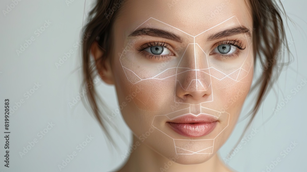 Poster a womans face is depicted with graphic contouring lines highlighting potential cosmetic enhancement 