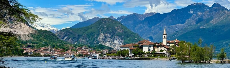Stunning View of Isola dei Pescatori and Baveno with Majestic Mountain Backdrop on Lake Maggiore, Verbano-Cusio-Ossola, Piedmont, Italy