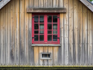 Fototapeta premium A red window with a wooden frame sits in front of a wooden building