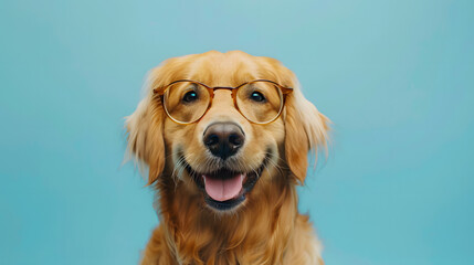A golden retriever dog wearing glass in pastel background