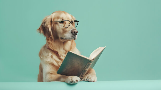 A golden retriever puppy with glass reading a book in pastel background