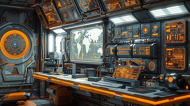 Sci-fi technology background image, Advanced control room with a central command console Illustration image,