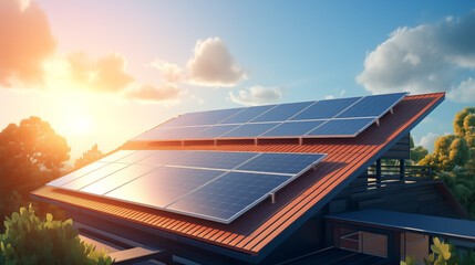 Illustration of a modern energy-saving house of the future equipped with solar panels. AI generated	
