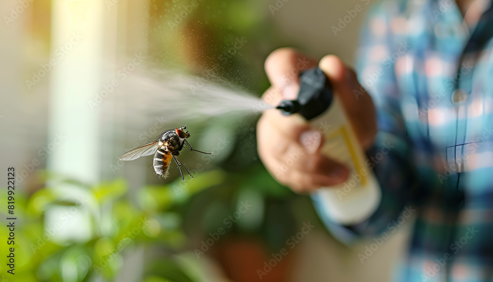 Wall mural man spraying insect aerosol on fly in room, closeup