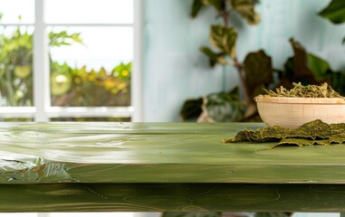 Sustainable Nutrition Display on Light Green Wooden Table with Coastal Farm Background: Fresh Kelp and Chips on Sunny Day