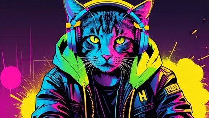 vibrant fluorescent comic paint splashes DJ cute cat 