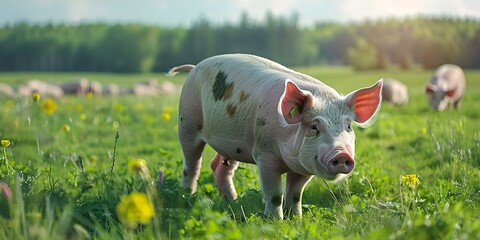 Pigs grazing in a sunny green meadow: Advocating for free-range organic farming practices. Concept Organic Farming, Free-Range Animals, Sustainable Agriculture, Animal Welfare, Natural Environment