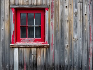 A window with a red frame sits in front of a wooden wall