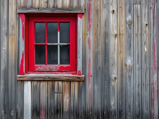 Obraz premium A window with a red frame sits in front of a wooden wall