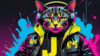 vibrant fluorescent comic paint splashes DJ cute cat wearing a leather jacket 