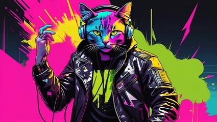 vibrant fluorescent comic paint splashes DJ cute cat wearing a leather jacket 