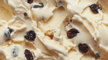 top view of rum raisin ice cream surface, a closeup of the rum raisin ice cream texture, highlighting its creamy base with plump raisins and a hint of rum