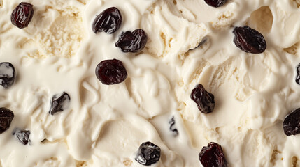 top view of rum raisin ice cream surface, a closeup of the rum raisin ice cream texture, highlighting its creamy base with plump raisins and a hint of rum