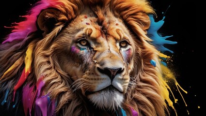 colorful paint splatters lion head portrait