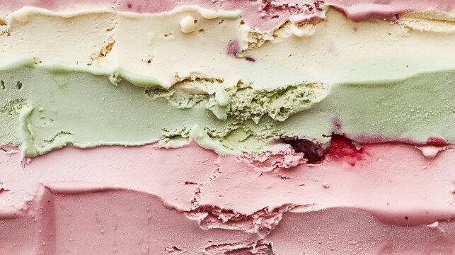top view of spumoni ice cream surface, a closeup of the spumoni ice cream texture, highlighting its colorful layers of chocolate, pistachio, and cherry ice creams