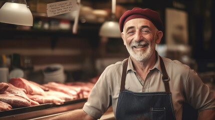 A portrait of the owner of a small butcher shop.