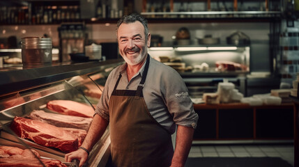 A portrait of the owner of a small butcher shop.