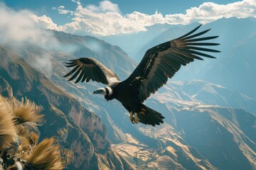 Majestic bird soaring over rugged peaks. Suitable for travel and adventure concepts