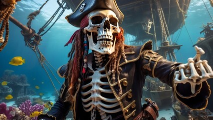 pirate captain's skeleton and his ship in the sea aquarium marine ecosystem.