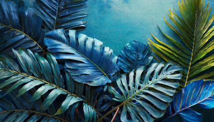 Blue tropical leaves on blue background with copy space