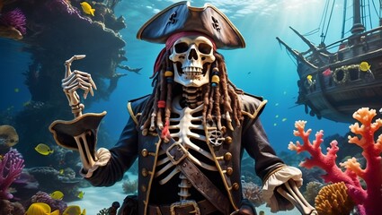 pirate captain's skeleton and his ship in the sea aquarium marine ecosystem. captain's skeleton looking forward
