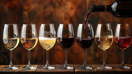 A row of wine glasses with different types being poured into them, AI