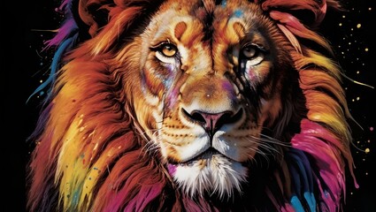 Naklejka premium colorful paint splatters portrait of a lion