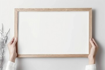 Landscape large 50x70, 20x28, a3,a4, Wooden frame mockup with passe-partout on white wall in women hands. Poster mockup. Clean, modern, minimal frame. generative ai.